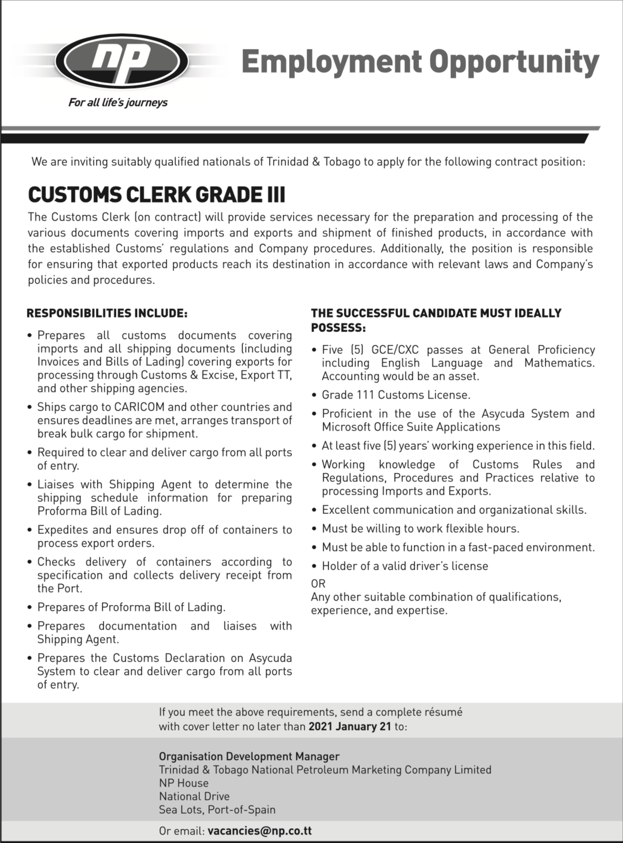 Careers Trinidad & Tobago National Petroleum Marketing Company Limited